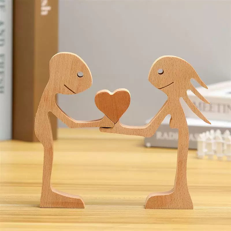 Man And Woman Stand With Heart Couple Wood Sculpture