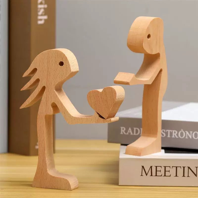 Man And Woman Stand With Heart Couple Wood Sculpture