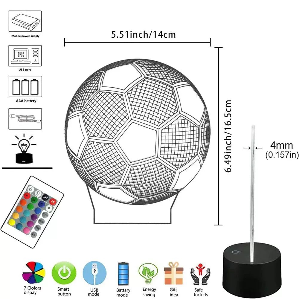 3D Football-Shaped LED Night Light USB Powered, Color-Changing Touch Control Desk Lamp