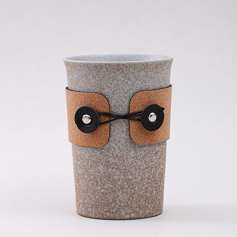 Handcrafted Ceramic Coffee Cups with Leather Wrap – Japanese Style Heat-Resistant Vintage Tumblers for Latte & Tea