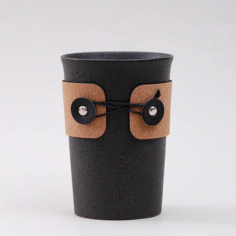 Handcrafted Ceramic Coffee Cups with Leather Wrap – Japanese Style Heat-Resistant Vintage Tumblers for Latte & Tea