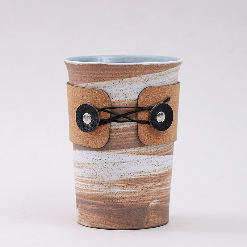 Handcrafted Ceramic Coffee Cups with Leather Wrap – Japanese Style Heat-Resistant Vintage Tumblers for Latte & Tea