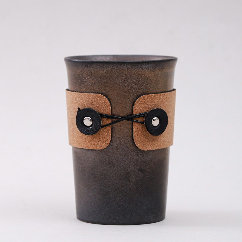 Handcrafted Ceramic Coffee Cups with Leather Wrap – Japanese Style Heat-Resistant Vintage Tumblers for Latte & Tea