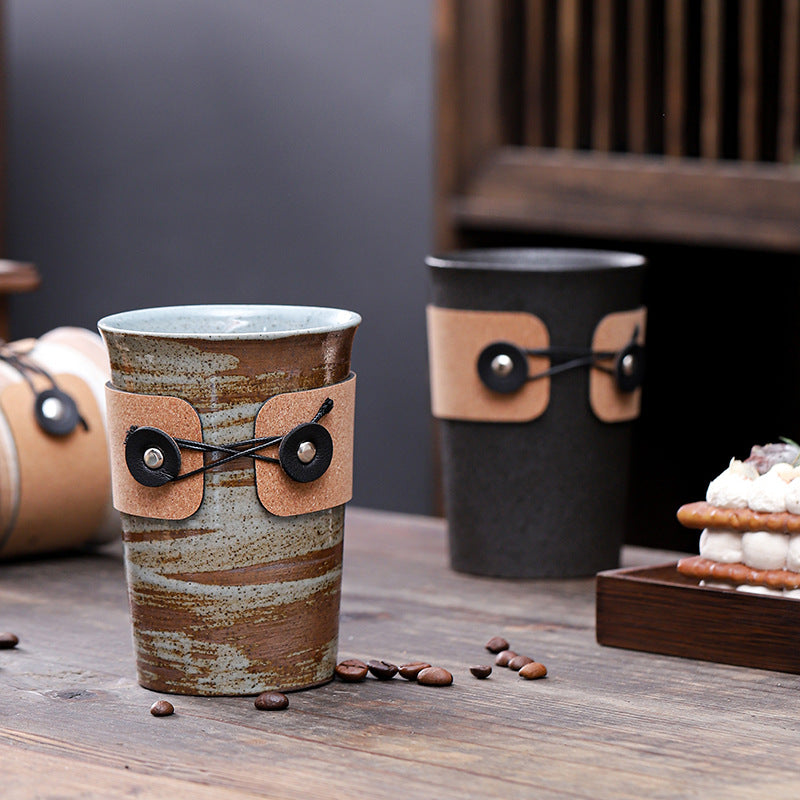 Handcrafted Ceramic Coffee Cups with Leather Wrap – Japanese Style Heat-Resistant Vintage Tumblers for Latte & Tea