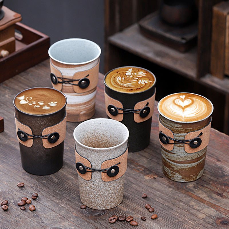 Handcrafted Ceramic Coffee Cups with Leather Wrap – Japanese Style Heat-Resistant Vintage Tumblers for Latte & Tea