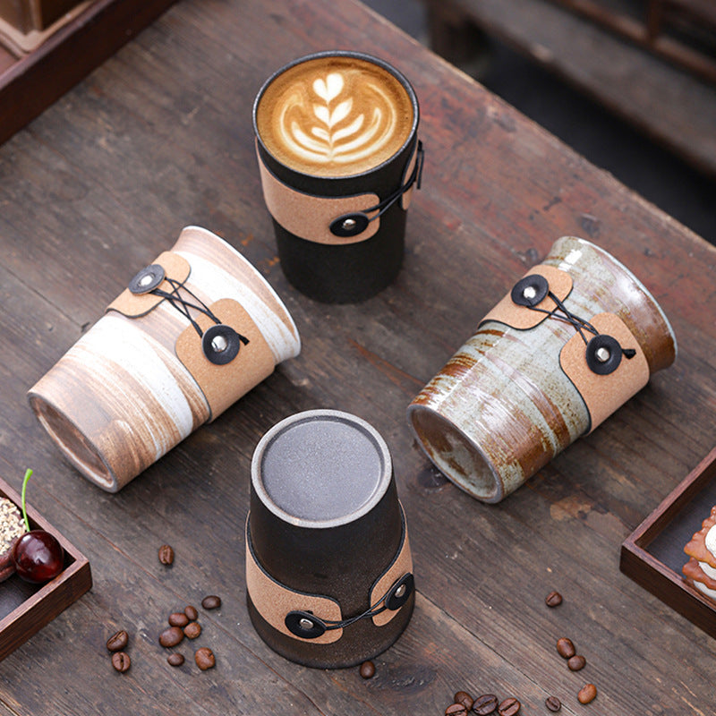 Handcrafted Ceramic Coffee Cups with Leather Wrap – Japanese Style Heat-Resistant Vintage Tumblers for Latte & Tea