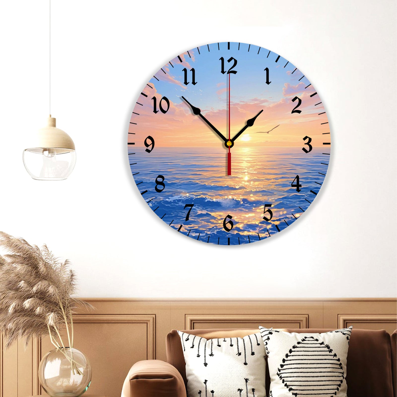 Creative Illustration Of Sunrise At Sea, Round Stylish Luxury Digital Wall Clock