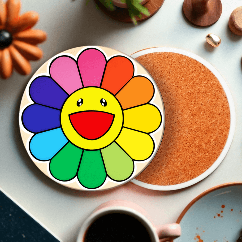 Smiling Face Sunflower Creative, Round Ceramic Coaster (Combination Set)