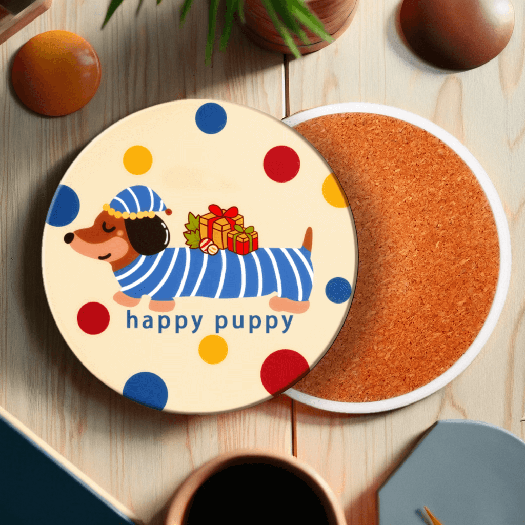 Cartoon Dachshund Dog Pattern, Round Ceramic Coaster (Combination Set)